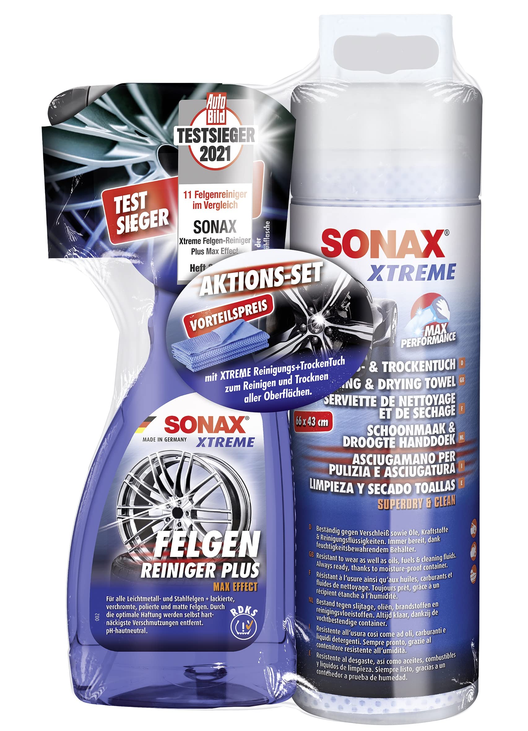 SONAX Aktionsset XTREME FelgenReiniger PLUS (500 ml) + XTREME Reinigungs +Trockentuch (1 Stück) für perfekt gepflegte Felgen | Art-Nr. 02305410 von SONAX