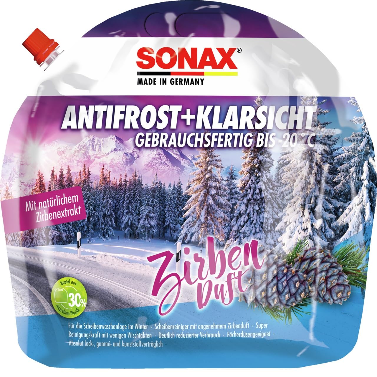 SONAX AntiFrost+KlarSicht Zirbe Gebrauchsfertig bis -20°C (3 Liter) schneller, schlierenfreier & effektiver Scheibenreiniger für den Winter | Art-Nr. 01314410 von SONAX