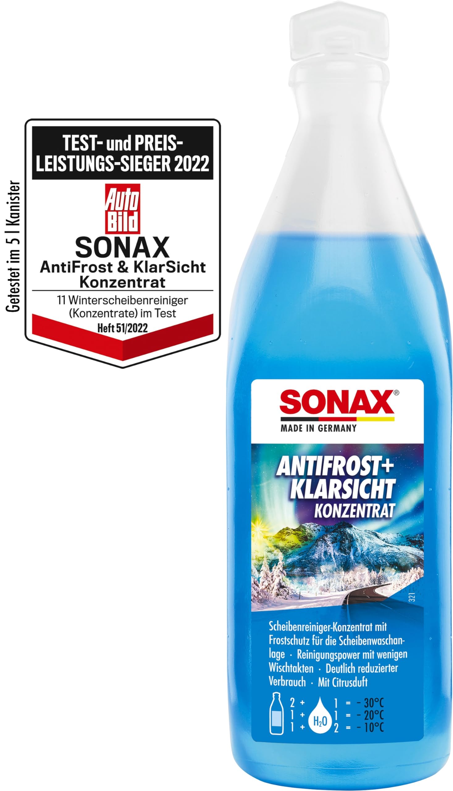SONAX AntiFrost+KlarSicht Konzentrat (250 ml) ergibt bis zu 0,75 Liter Winter-Scheibenwaschwasser, sofort mischbereit, schlierenfrei, Antikalk-Effekt | Art-Nr. 03321000 von SONAX