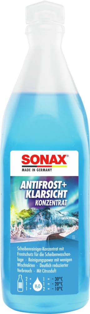 SONAX AntiFrost+KlarSicht Konzentrat (250 ml) ergibt bis zu 0,75 Liter Winter-Scheibenwaschwasser, sofort mischbereit, schlierenfrei, Antikalk-Effekt | Art-Nr. 03321000 von SONAX