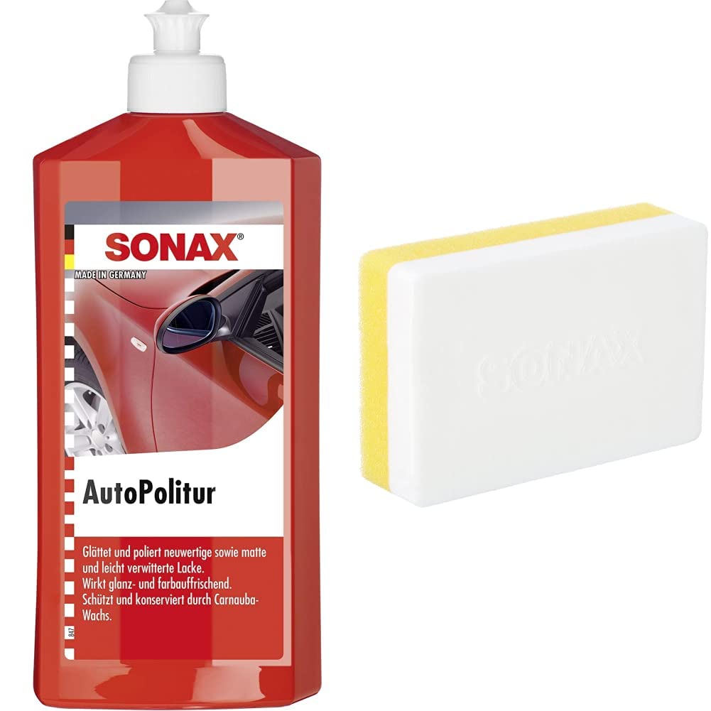 SONAX AutoPolitur (500 ml) für neuwertige, matte und leicht verwitterte Bunt- und Metallic-Lacke & ApplikationsSchwamm (1 Stück) zum Auftragen und Verarbeiten von Polituren, Wachsen von SONAX