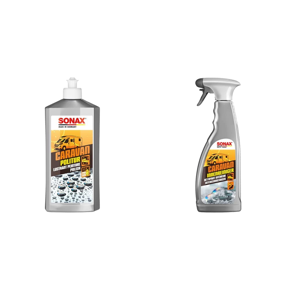 SONAX CARAVAN Politur (500 ml) milde Handpolitur mit Konservierung & CARAVAN InnenReiniger (750 ml) vielseitiger Sprühreiniger mit Geruchsvernichter für Caravan/Bus/Wohnmobil/Wohnwagen von SONAX