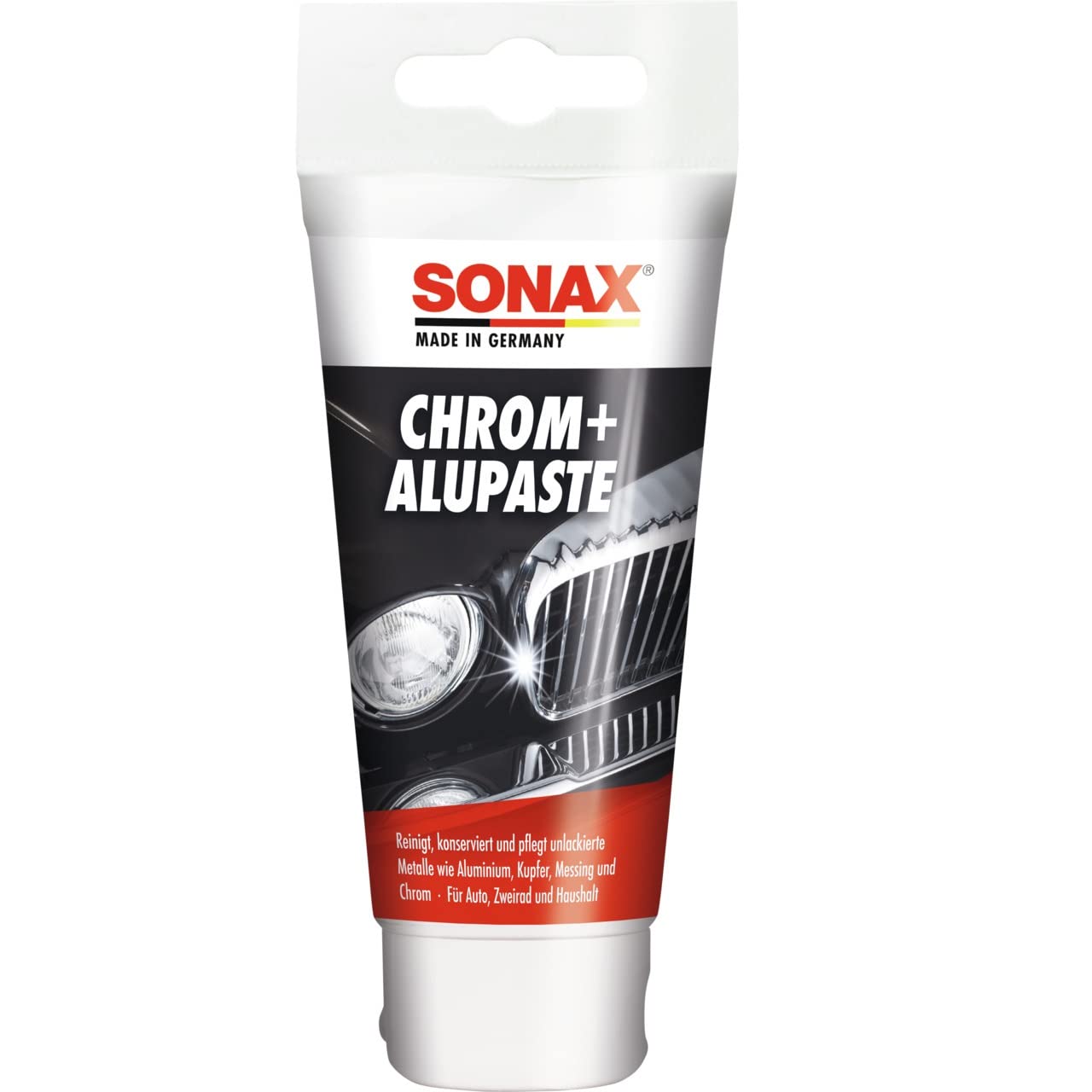 SONAX Chrom+AluPaste (75 ml) poliermittelhaltige Pflegepaste zur Beseitigung von Korrosion, angelaufenen und blinden Stellen | Art-Nr. 03080000 von SONAX