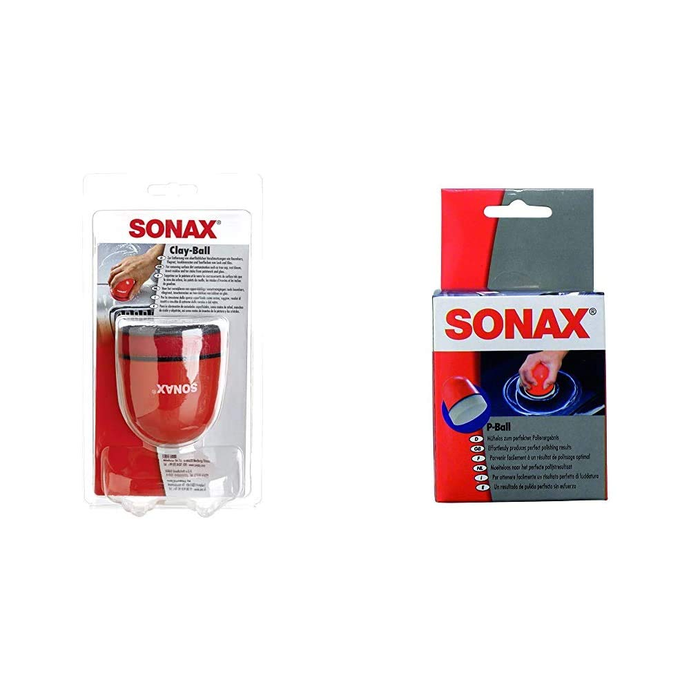 SONAX Clay-Ball (1 Stück) Problemlöser gegen hartnäckige Verschmutzungen auf Lack und Glas | Art-Nr. 04197000 & P-Ball (1 Stück) mühelos und schnell zum perfekten Polierergebnis | Art-Nr. 04173410 von SONAX