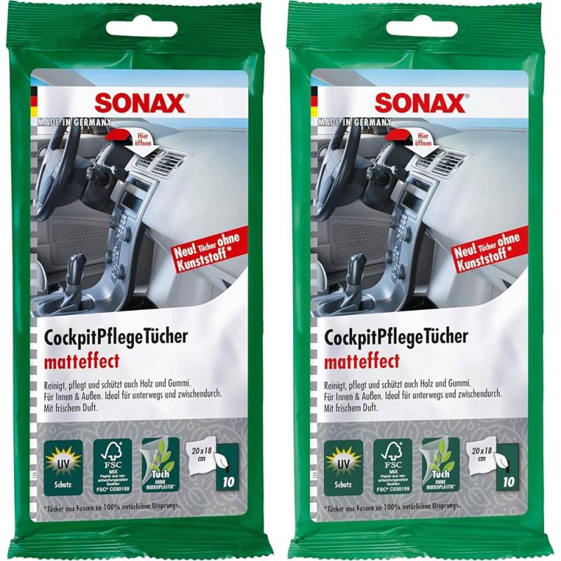 SONAX CockpitPflegeTücher Matteffect (10 Stück) Feuchte Tücher reinigen, pflegen und schützen alle Kunststoffteile, Holz und Gummi | Art-Nr. 04158000 (Packung mit 2) von SONAX