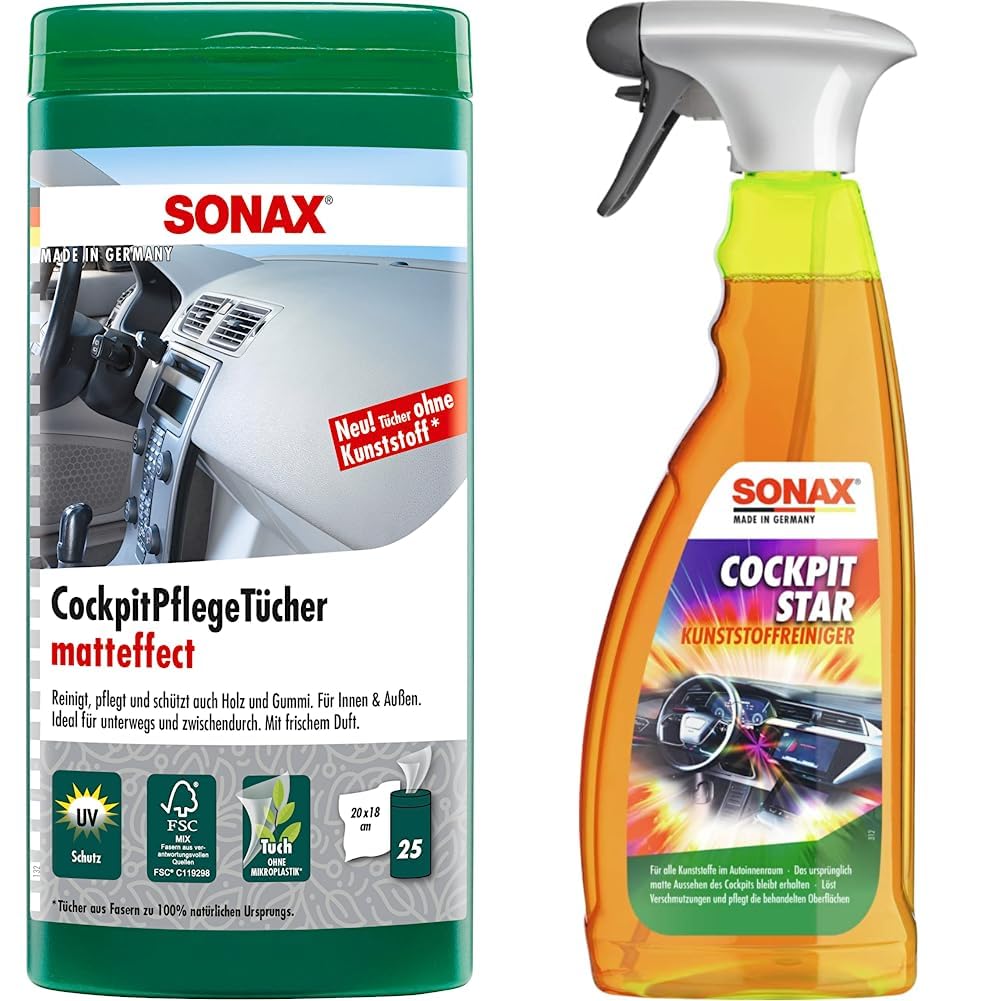 SONAX CockpitPflegeTücher Matteffect Box (25 Stück) & CockpitStar (750 ml) reinigt und pflegt alle Kunststoffteile im Auto, antistatisch und staubabweisend | Art-Nr. 02494000 von SONAX