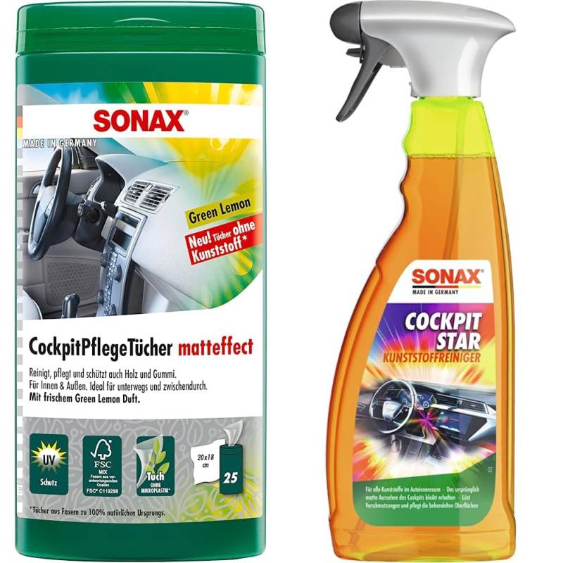 SONAX CockpitPflegeTücher Matteffect Green Lemon Box (25 Stück) & CockpitStar (750 ml) reinigt und pflegt alle Kunststoffteile im Auto, antistatisch und staubabweisend von SONAX