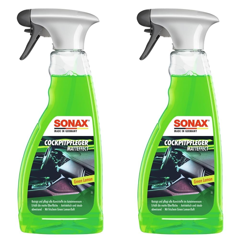 SONAX CockpitPfleger Matteffect Green Lemon (500 ml) reinigt und pflegt alle Kunststoffteile im Auto | Art-Nr. 03582410 (Packung mit 2) von SONAX