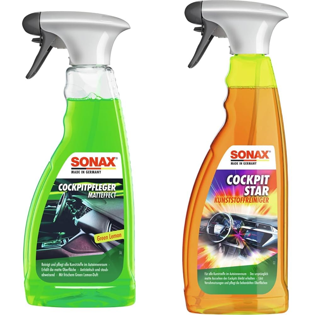 SONAX CockpitPfleger Matteffect Green Lemon (500 ml) & CockpitStar (750 ml) reinigt und pflegt alle Kunststoffteile im Auto, antistatisch und staubabweisend | Art-Nr. 02494000 von SONAX