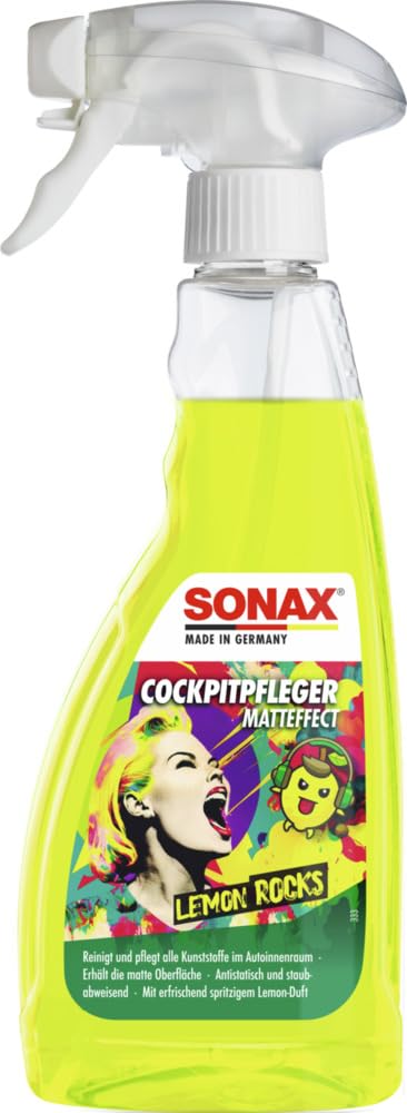 SONAX CockpitPfleger Matteffect Lemon Rocks (500 ml) erhält die Matte Oberfläche und reinigt und pflegt sämtliche Kunststoffteile im Auto | Art-Nr. 03432410 von SONAX