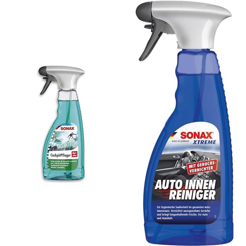 SONAX CockpitPfleger Matteffect Ocean-Fresh (500 ml) reinigt und pflegt alle Kunststoffteile im Auto & XTREME AutoInnenReiniger (500 ml) speziell für hygienische Sauberkeit im Auto und Haushalt von SONAX