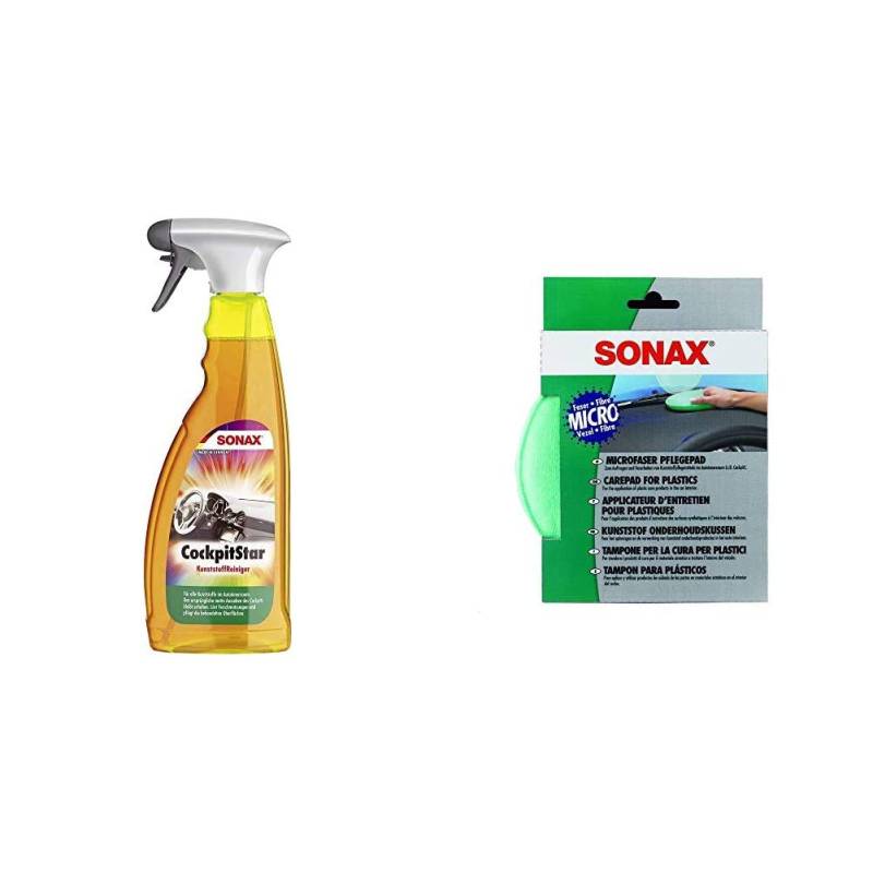 SONAX CockpitStar (750 ml) reinigt und pflegt alle Kunststoffteile im Auto, antistatisch und staubabweisend & MicrofaserPflegePad (1 Stück) für gleichmäßiges Auftragen von Kunststoffpflegemitteln von SONAX