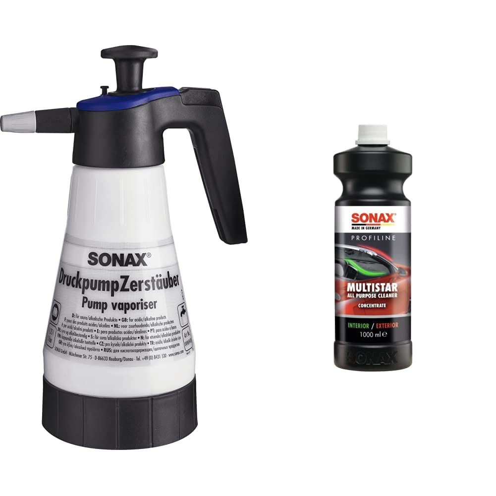 SONAX DruckpumpZerstäuber für saure/alkalische Produkte (1 Stück) zum bequemen Aufbringen & PROFILINE MultiStar (1 Liter) universell einsetzbarer Kraftreiniger für die Reinigung von Kraftfahrzeugen von SONAX
