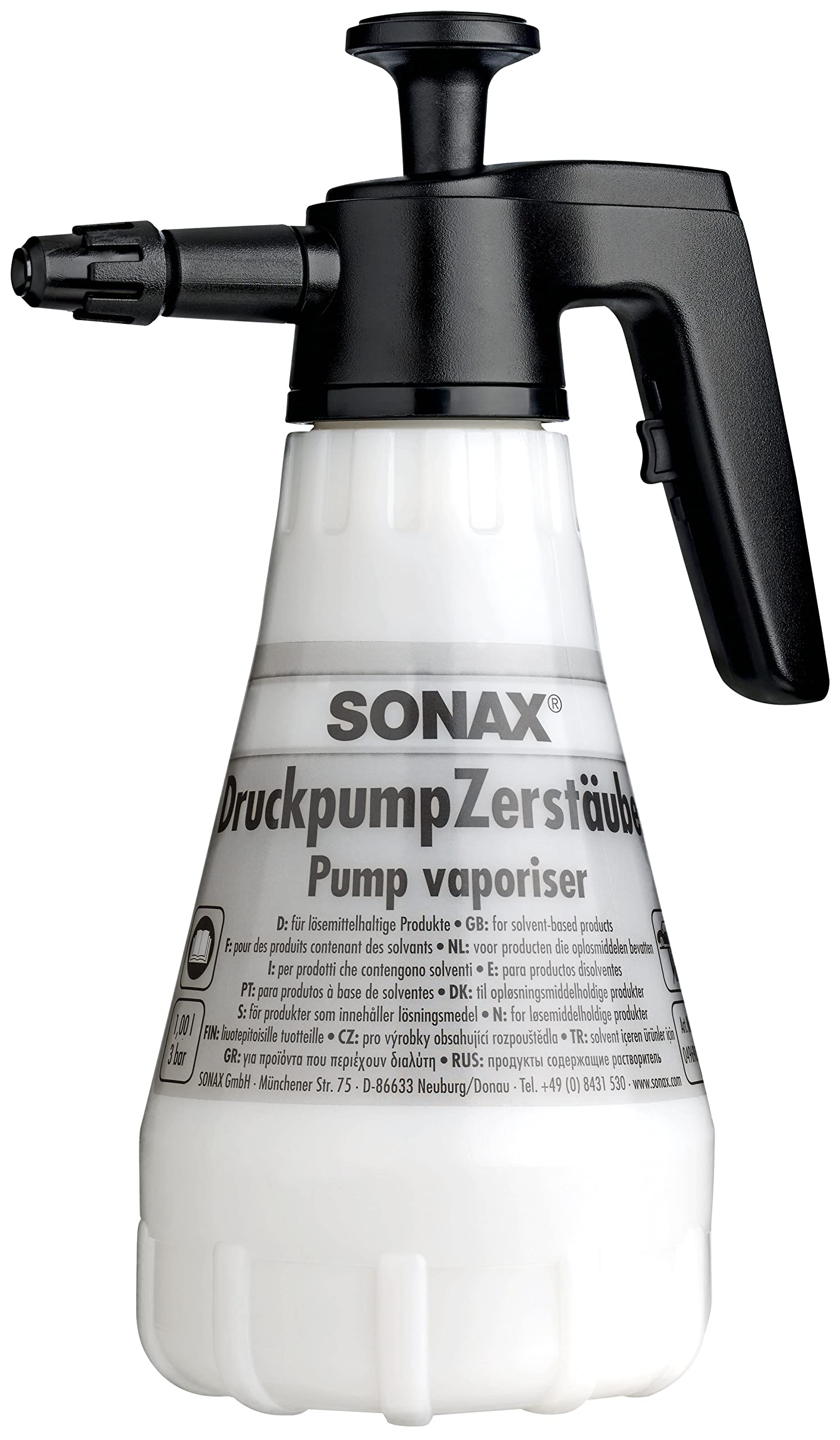 SONAX DruckpumpZerstäuber lösemittelbeständig (1 Stück) zum bequemen Aufbringen von lösemittelhaltigen Reinigungs- und Pflegemitteln | Art-Nr. 04969000 von SONAX