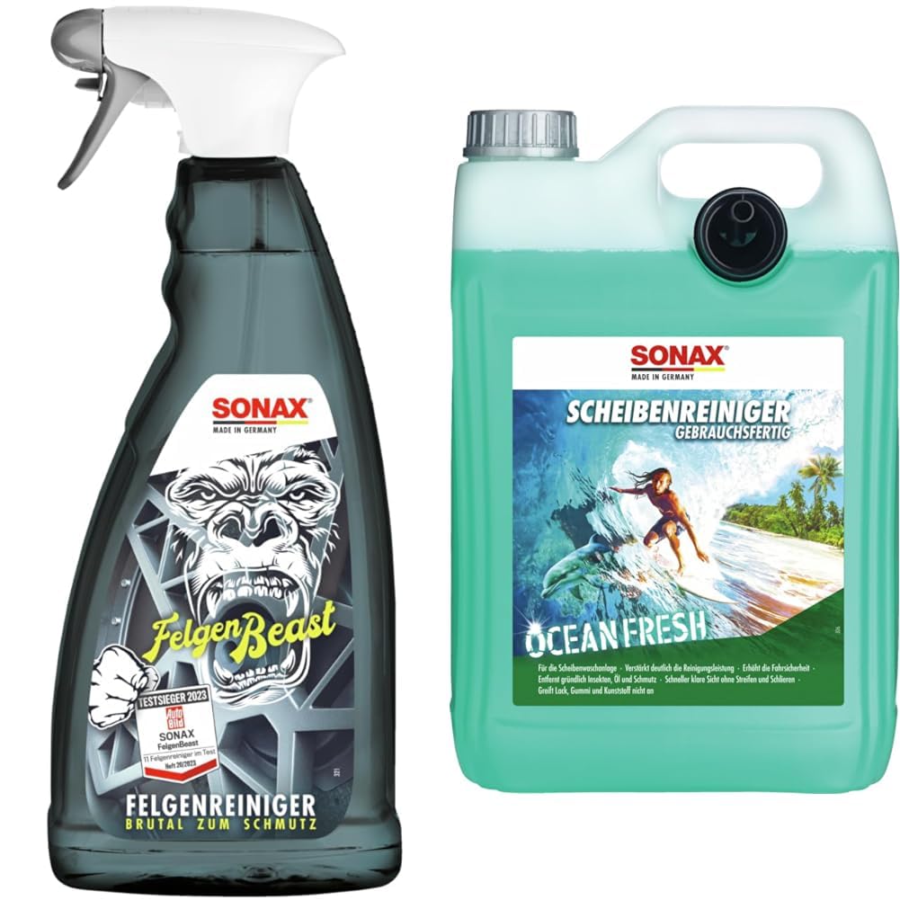 SONAX FelgenBeast (1 Liter) Felgenreiniger & ScheibenReiniger gebrauchsfertig Ocean-Fresh (5 Liter) von SONAX