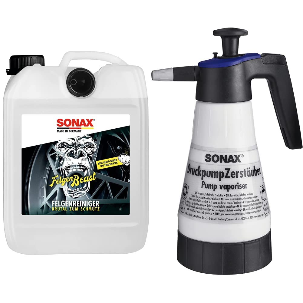 SONAX FelgenBeast entfernt selbst biestige Verschmutzungen & DruckpumpZerstäuber für saure/alkalische Produkte zum bequemen Aufbringen von säure- und alkalienhaltigen Reinigungs- und Pflegemitteln von SONAX