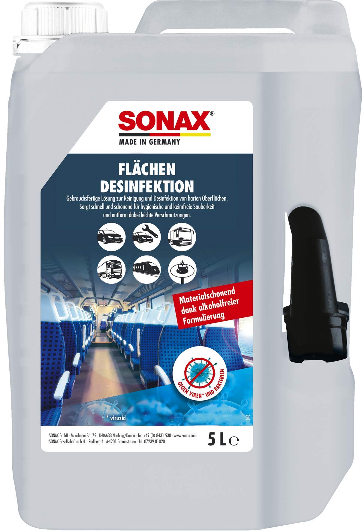 SONAX Flächendesinfektion (5 Liter) zur Reinigung und Desinfektion von allen harten Oberflächen rund ums Auto, materialschonend | Art-Nr. 04035050 von SONAX