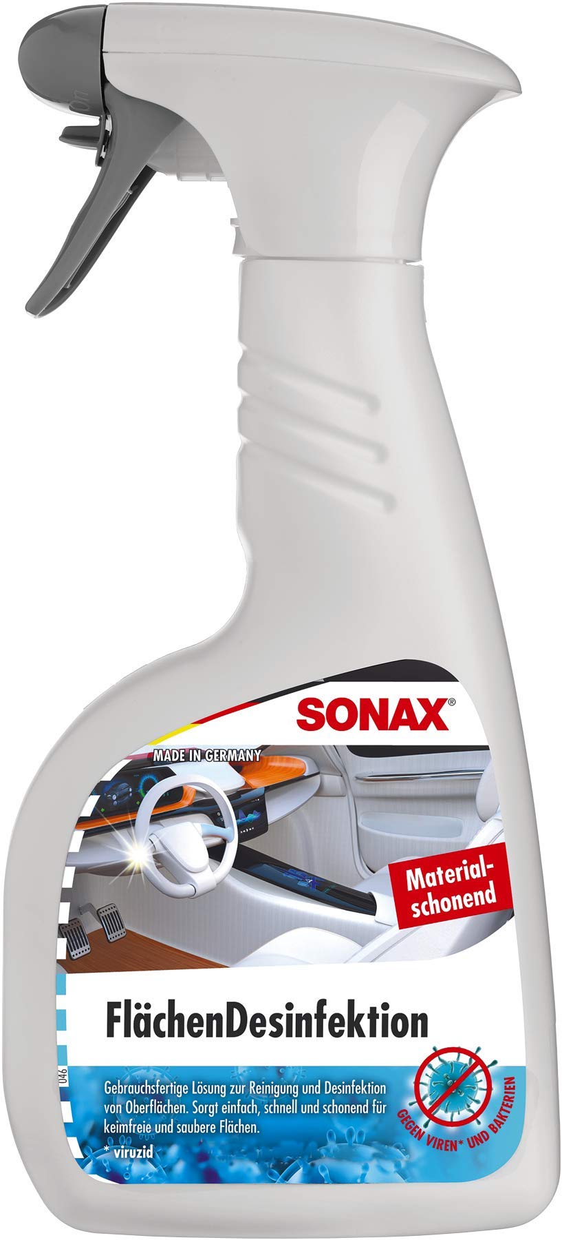 SONAX Flächendesinfektion (500 ml) zur Reinigung und Desinfektion von allen harten Oberflächen rund ums Auto, hochwirksam gegen Bakterien & Viren und materialschonend | Art-Nr. 04032410 von SONAX