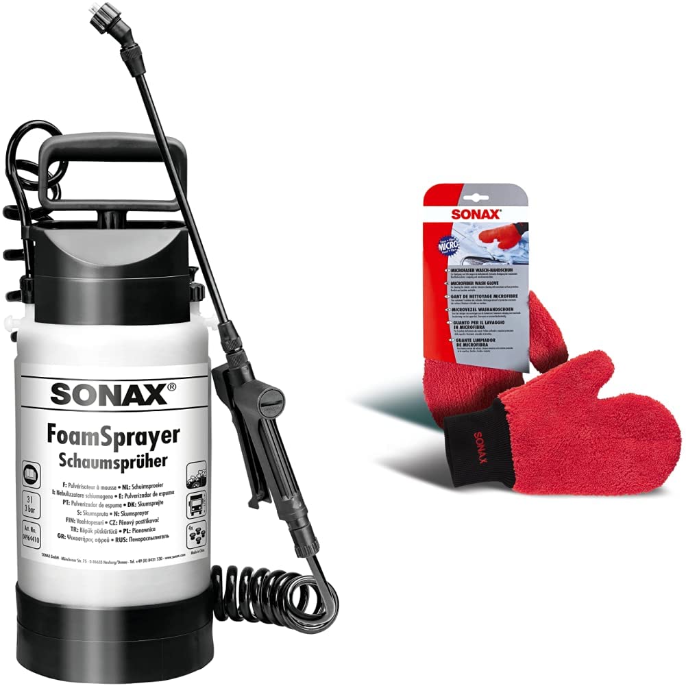 SONAX FoamSprayer (3 Liter) & Microfaser WaschHandschuh bequemer Handschuh mit maximalem Oberflächenschutz, schonende Reinigung aller Lack-, Glas- und Kunststoffoberflächen | Art-Nr. 04282000 von SONAX