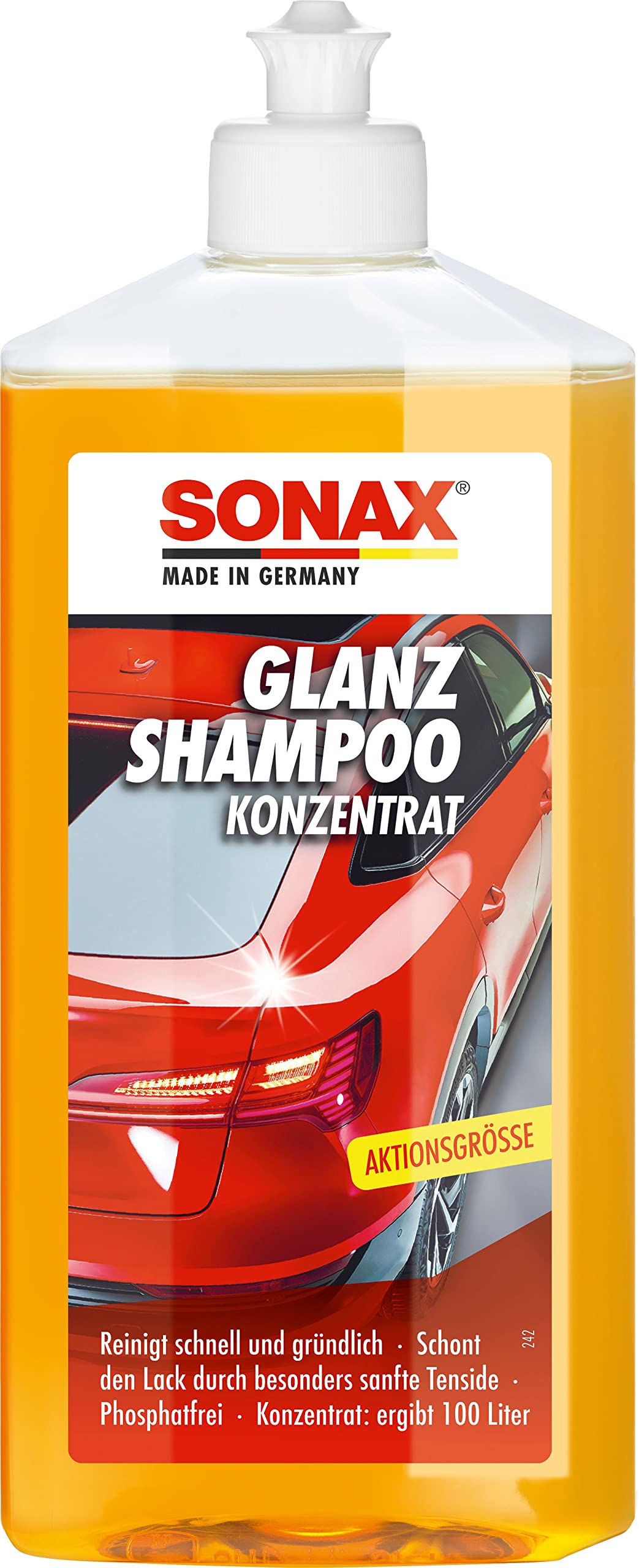 SONAX GlanzShampoo Konzentrat (500 ml) durchdringt und löst Schmutz gründlich, ohne Angreifen der Wachs-Schutzschicht | Art-Nr. 03142000 von SONAX