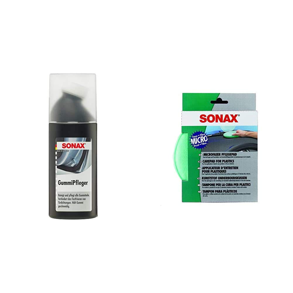 SONAX GummiPfleger mit Schwammapplikator reinigt, pflegt & hält alle Gummiteile elastisch & MicrofaserPflegePad (1 Stück) für gleichmäßiges Auftragen von Kunststoffpflegemitteln im Innenraum von SONAX
