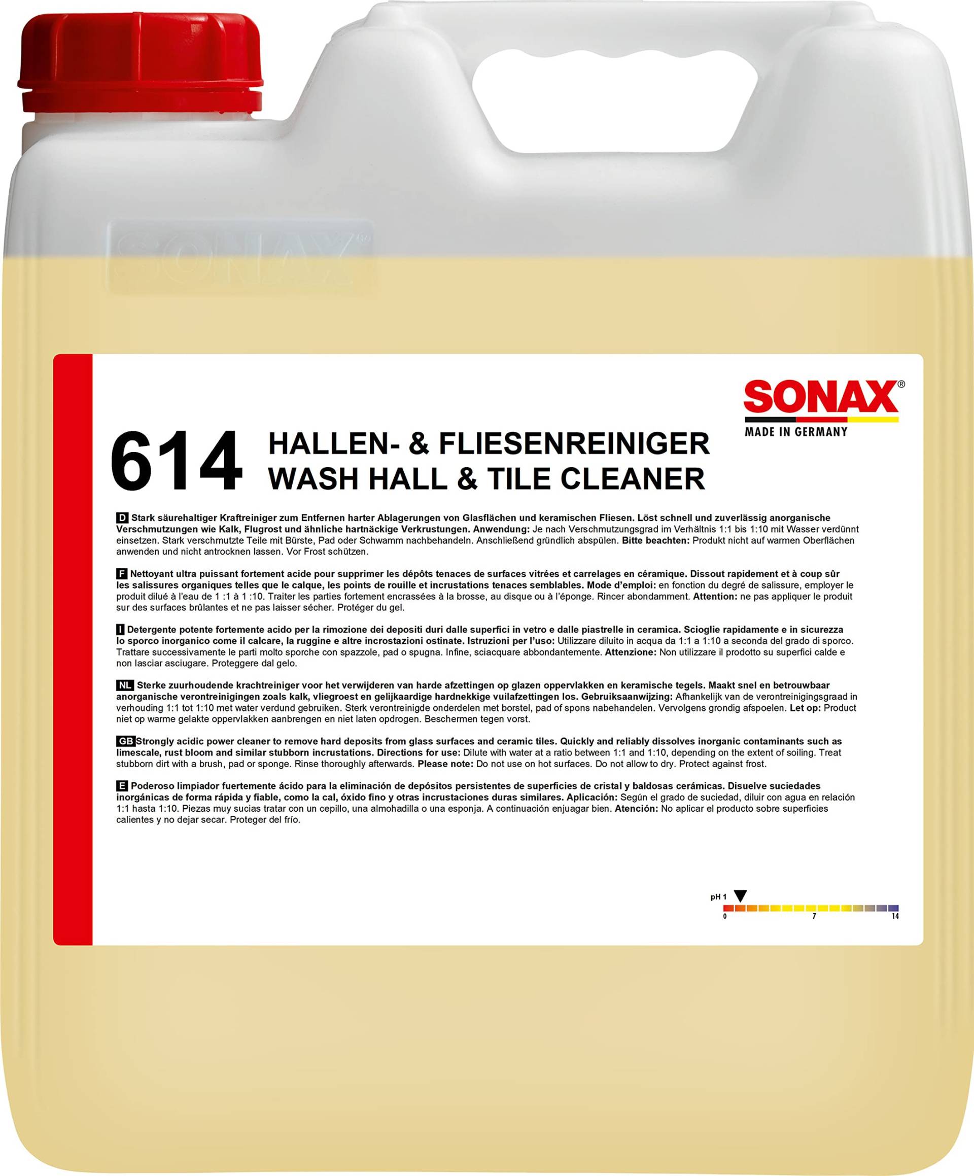 SONAX Hallen+FliesenReiniger (10 L) säurehaltiger Kraftreiniger, löst Kalk, Flugrost & hartnäckige Verkrustungen. Geeignet für Glasflächen & keramischen Fliesen | Art-Nr. 06146000 von SONAX