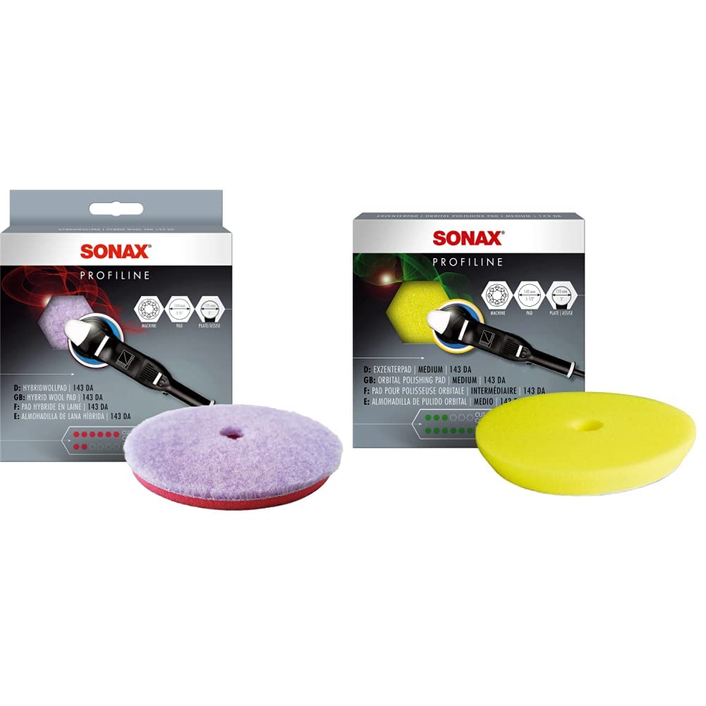 SONAX HybridWollPad 143 DA (1 Stück) & ExzenterPad medium 143 DA (1 Stück) weicher, offenporiger Schwamm zum maschinellen Polieren von Lacken mit Exzentermaschinen | Art-Nr. 04933410 von SONAX