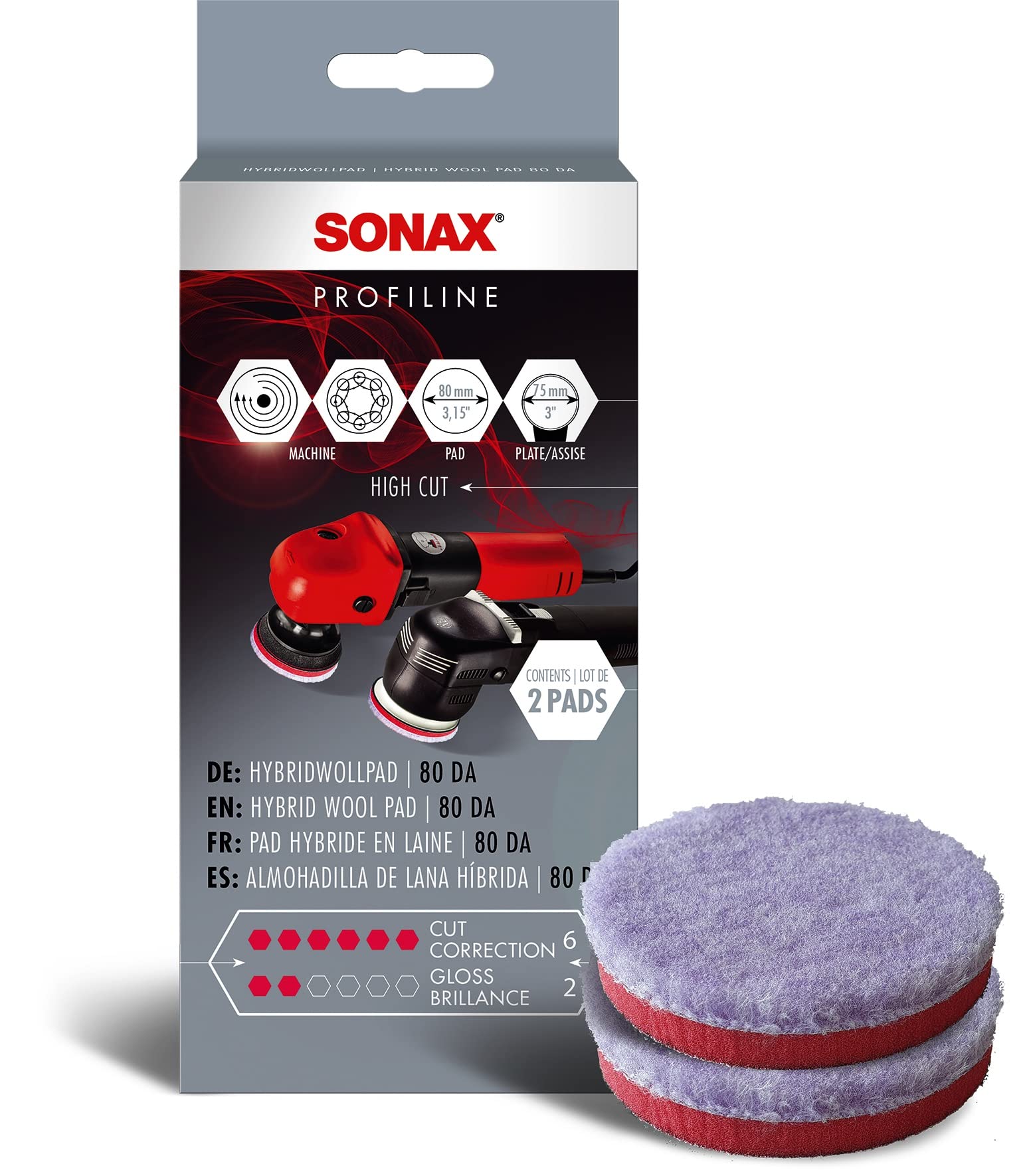 SONAX HybridWollPad 80 DA (2 Stück) Polierscheibe für kleine Poliermaschinen zur Entfernung tiefer Verkratzungen und Vermattungen | Art-Nr. 04940410 von SONAX