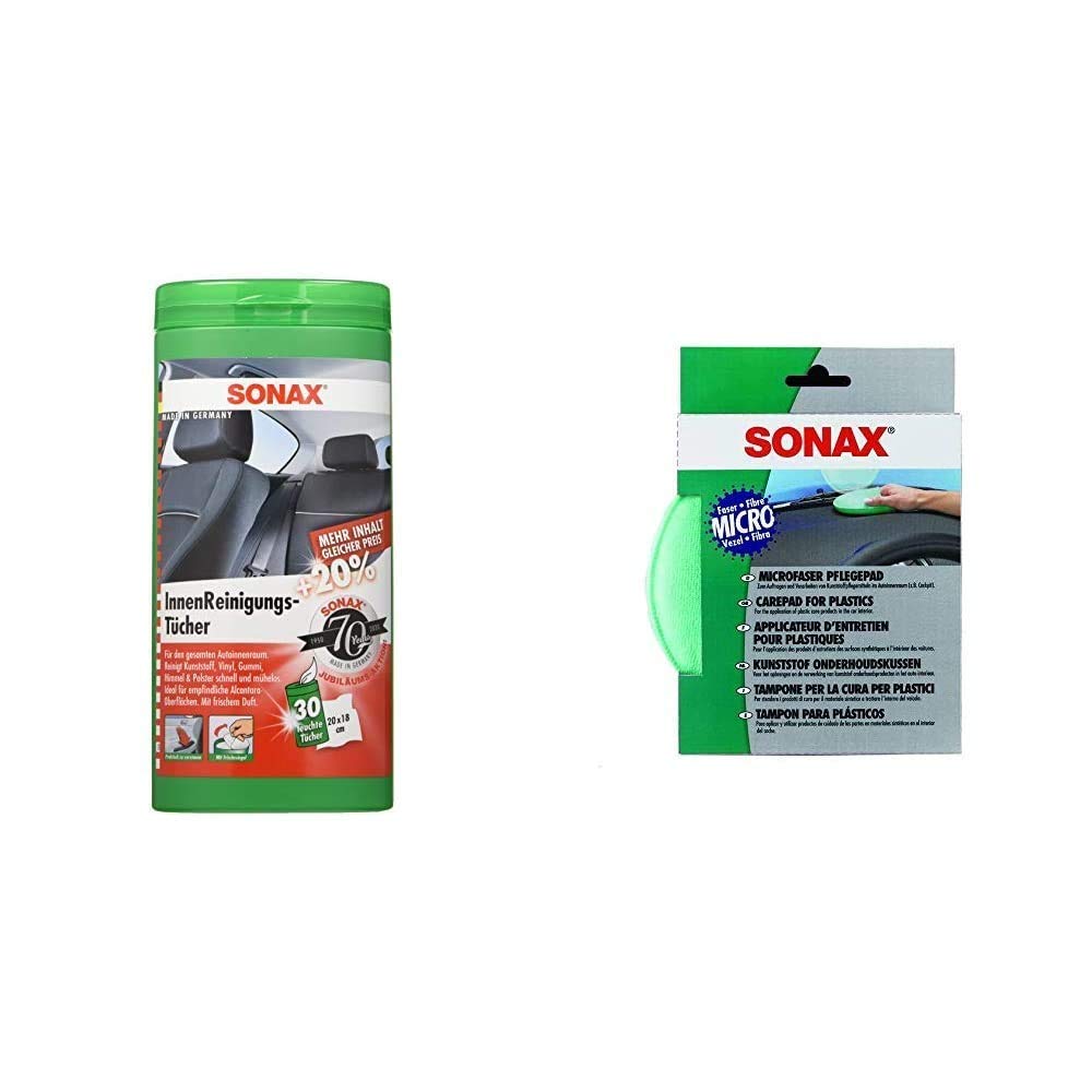 SONAX InnenReinigungsTücher Box (25 Stück) zur Reinigung Aller Flächen im Fahrzeuginnenraum & MicrofaserPflegePad (1 Stück) für gleichmäßiges Auftragen von Kunststoffpflegemitteln von SONAX