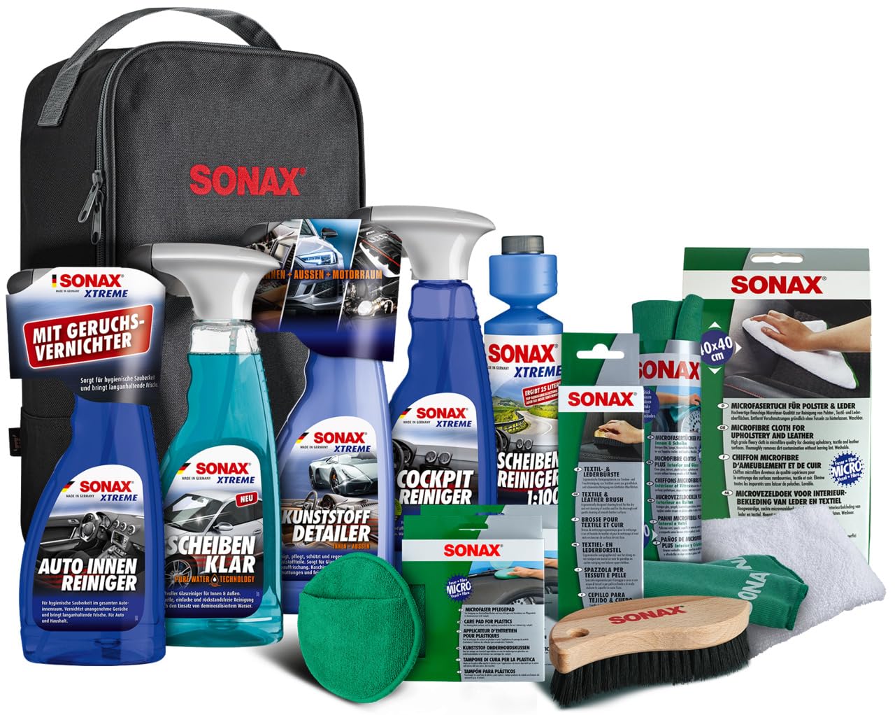 SONAX Innenraum+Scheibe-Set mit Tasche (11-teilig) zur Reinigung aller Flächen im Autoinnenraum mit langanhaltendem Schutz | Art-Nr. 07688000 von SONAX