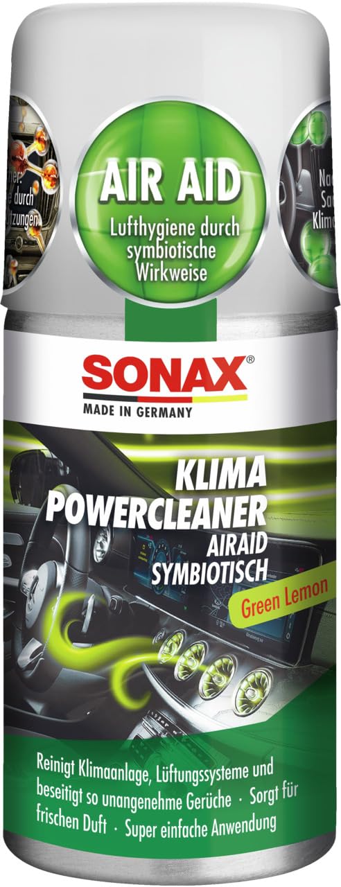 SONAX KlimaPowerCleaner AirAid Klimaanlagenreiniger Green Lemon (100 ml) sorgt schnell und einfach für langanhaltende Lufthygiene und befreit dauerhaft von lästigen Gerüchen | Art-Nr. 03234000 von SONAX