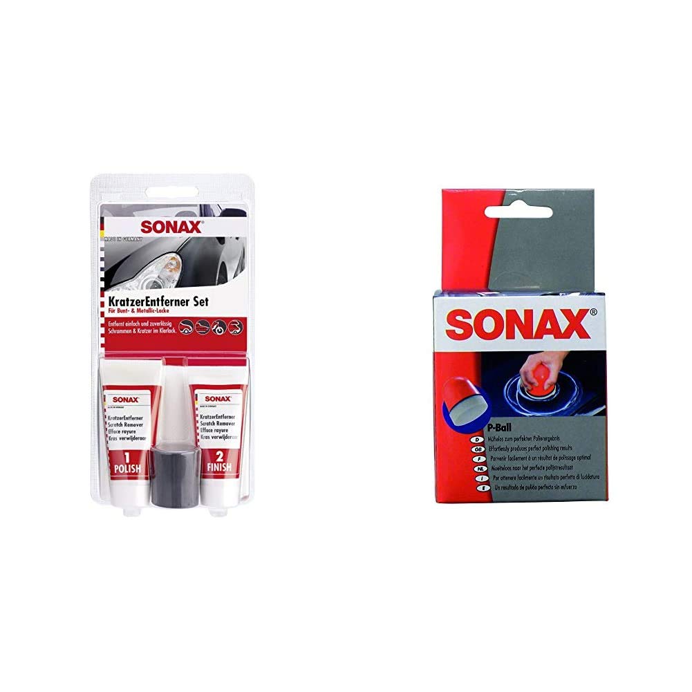 SONAX KratzerEntfernerSet Lack (50 ml) zur manuellen Beseitigung von lokalen Kratzern und Schrammen aus Klarlacken & P-Ball (1 Stück) mühelos und schnell zum perfekten Polierergebnis von SONAX