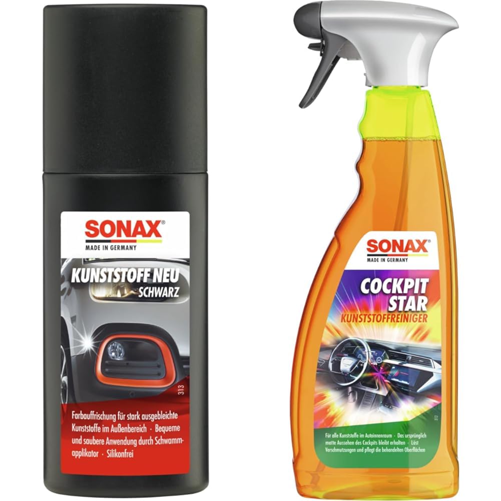 SONAX Kunststoff Neu Schwarz (100 ml) & CockpitStar (750 ml) Cockpitreiniger reinigt und pflegt alle Kunststoffteile im Auto, antistatisch und staubabweisend/Art-Nr. 02494000 von SONAX