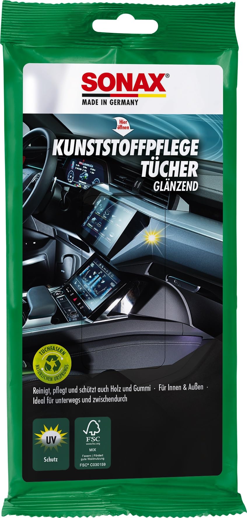 SONAX KunststoffPflegeTücher glänzend (10 Stück) Feuchte Tücher reinigen, pflegen und verleihen Glanz in einem Arbeitsgang | Art-Nr. 04151000 von SONAX