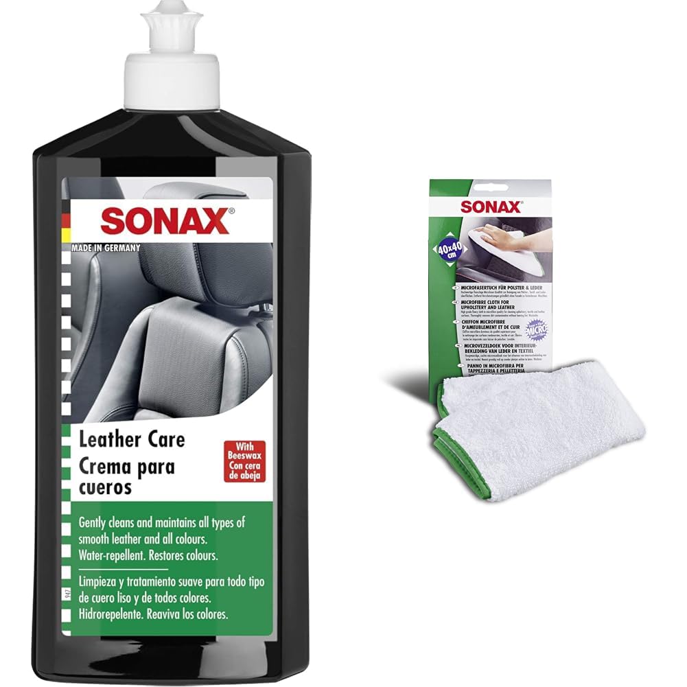 SONAX LederPflegeLotion (500 ml) wasserabweisende Lederpflege mit Bienenwachs für eine sanfte Reinigung & Microfasertuch für Polster und Leder zur fusselfreien Fahrzeuginnenreinigung (40x40 cm) von SONAX