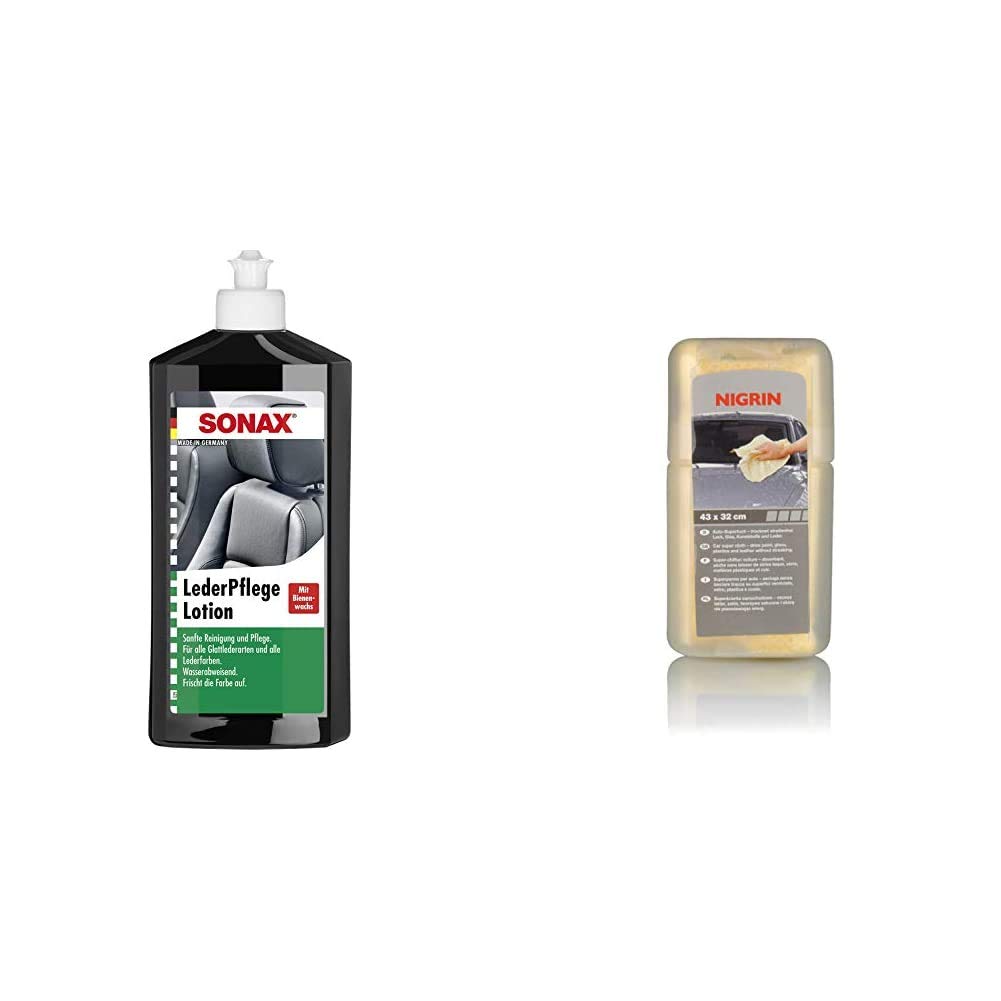 SONAX LederPflegeLotion (500 ml) wasserabweisende Lederpflege mit Bienenwachs für eine sanfte Reinigung und Pflege & NIGRIN 74054 Auto-Supertuch von SONAX