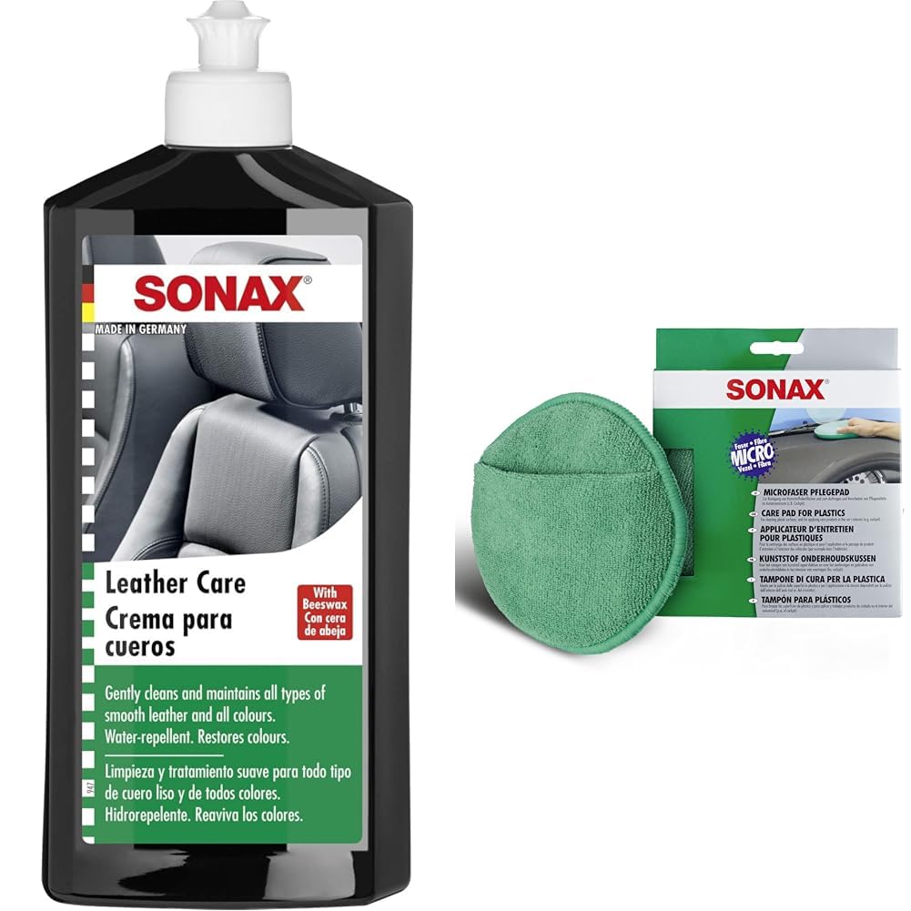 SONAX LederPflegeLotion (500 ml) wasserabweisende Lederpflege mit Bienenwachs für eine sanfte Reinigung & MicrofaserPflegePad (1 Stück) für gleichmäßiges Auftragen von Kunststoffpflegemitteln von SONAX