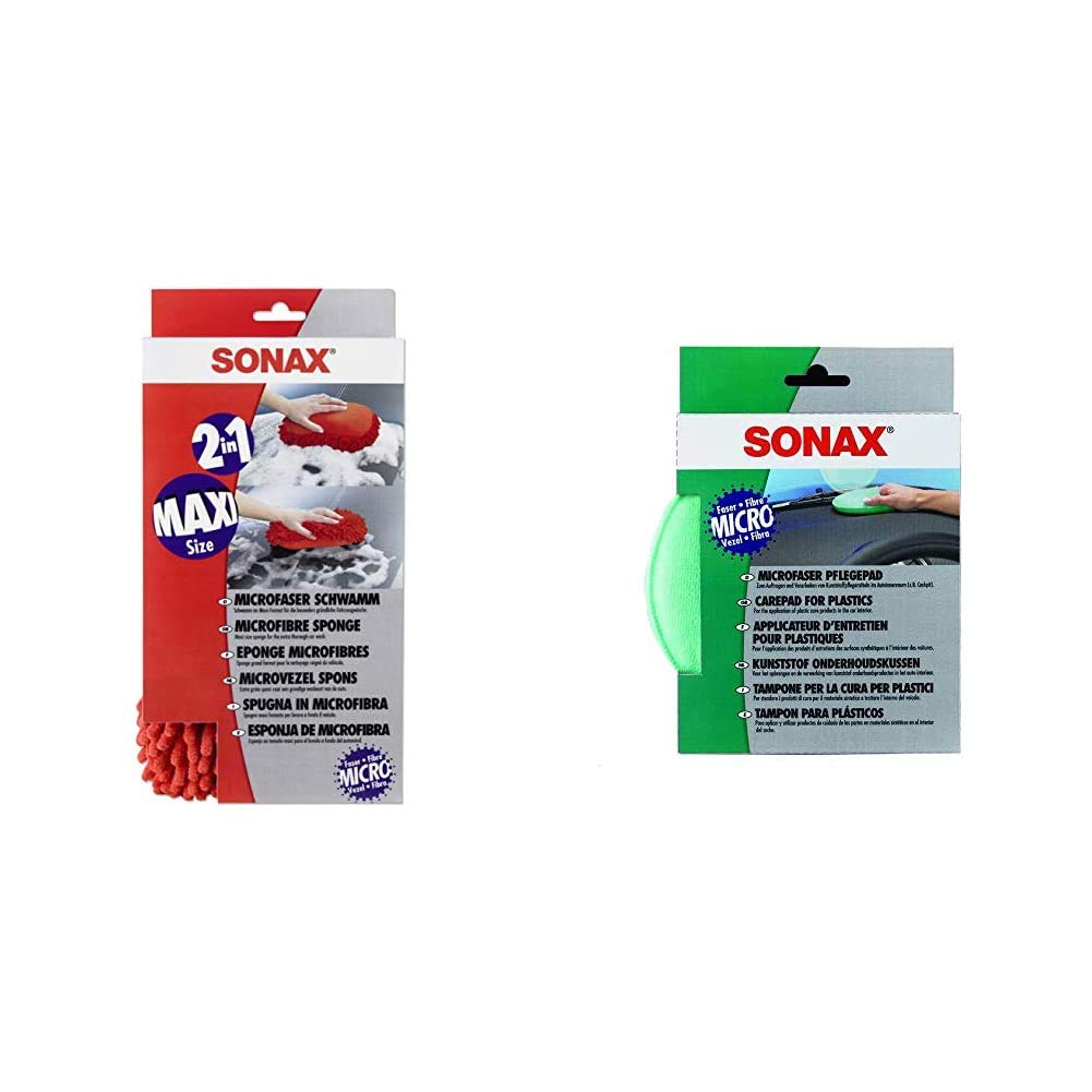 SONAX Microfaser Schwamm (1 Stück) für die besonders gründliche Autowäsche mit Microfaser-Seiten & MicrofaserPflegePad (1 Stück) für gleichmäßiges Auftragen von Kunststoffpflegemitteln im Innenraum von SONAX