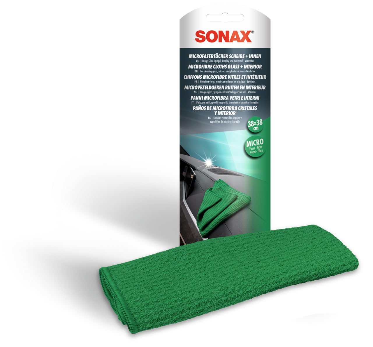 Sonax MicrofaserTuch Scheibe+Innen (1 Stück) hochwertig, saugfähig & fusselfrei zur Streifen- & fusselfreien Reinigung von Glas, Spiegel, Display & Kunststoffoberflächen | Art-Nr. 04984000 von SONAX