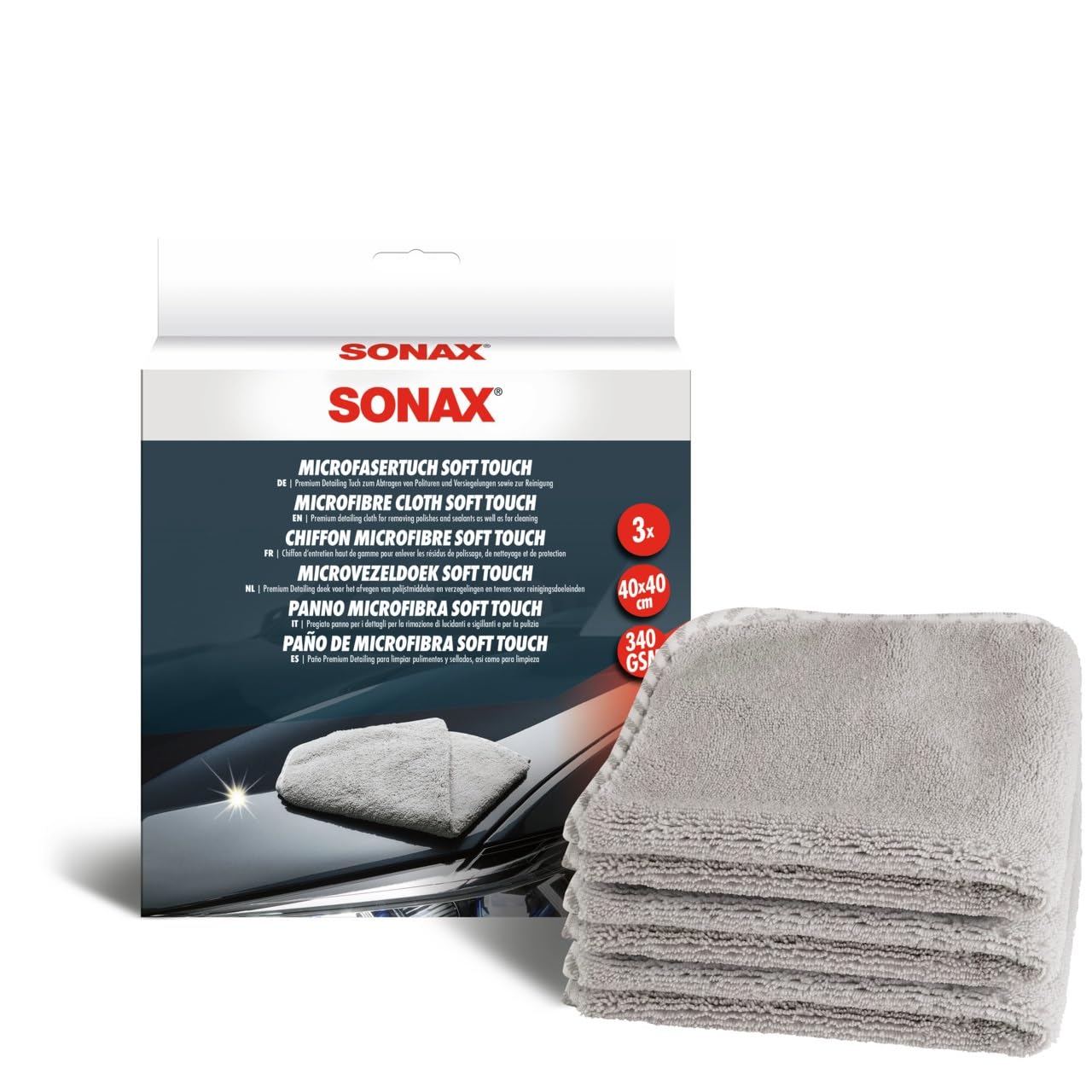 SONAX MicrofaserTuch Soft Touch (3 Stück) leistungsfähiges Detailing-Tuch für Polituren, Versiegelungen und den gesamten Innenraum, Weiß | Art-Nr. 04510000 von SONAX