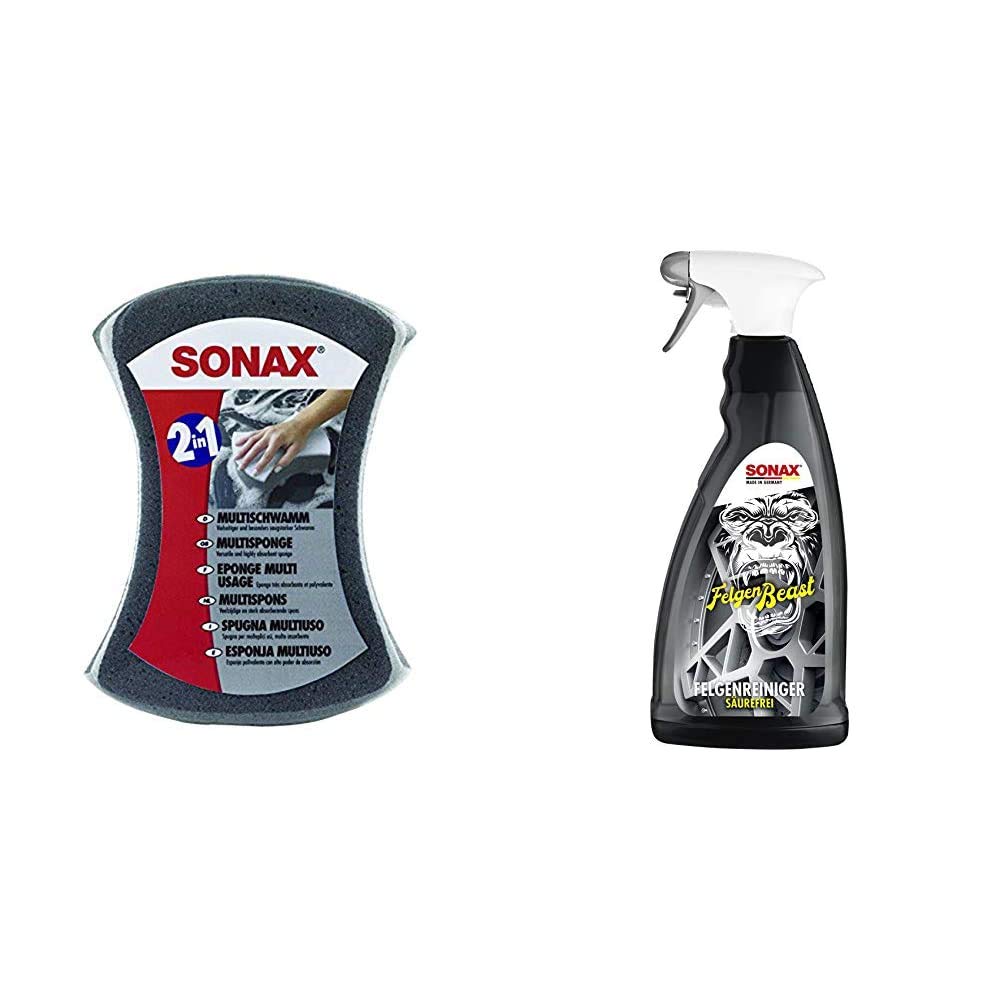 SONAX MultiSchwamm (1 Stück) besonders saugstarker Alleskönner für die Autoreinigung & FelgenBeast (1 l) entfernt selbst biestige Verschmutzungen auf allen Stahl- und Leichtmetallfelgen von SONAX