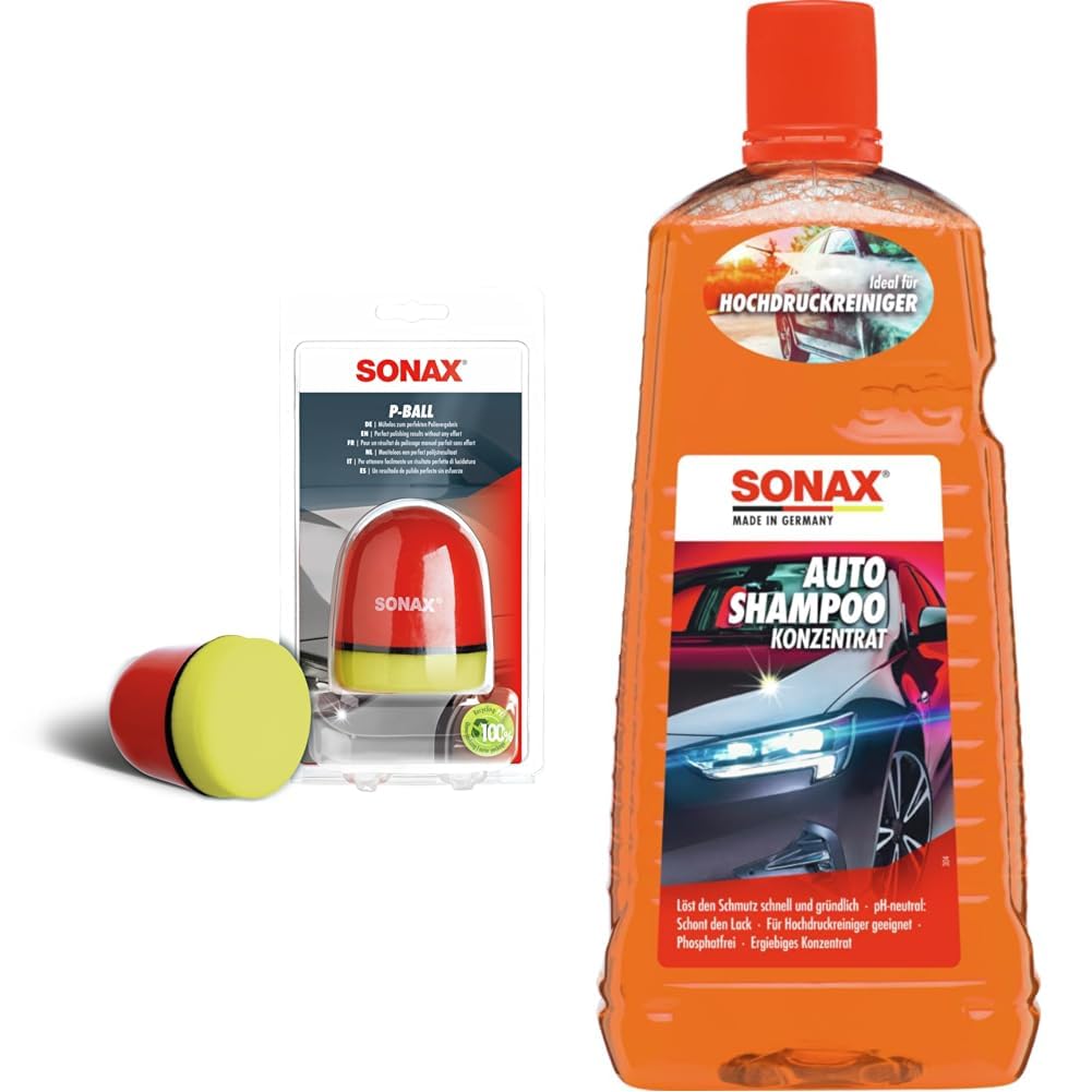 SONAX P-Ball (1 Stück) mühelos und schnell zum perfekten Polierergebnis, Art-Nr. 04173410 & AutoShampoo Konzentrat (2 Liter) durchdringt und löst Schmutz gründlich von SONAX