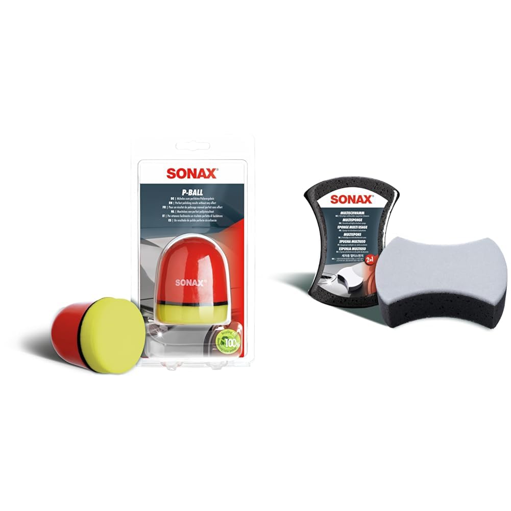 SONAX P-Ball (1 Stück) mühelos und schnell zum perfekten Polierergebnis, Art-Nr. 04173410 & MultiSchwamm (1 Stück) besonders saugstarker Alleskönner für die Autoreinigung von SONAX