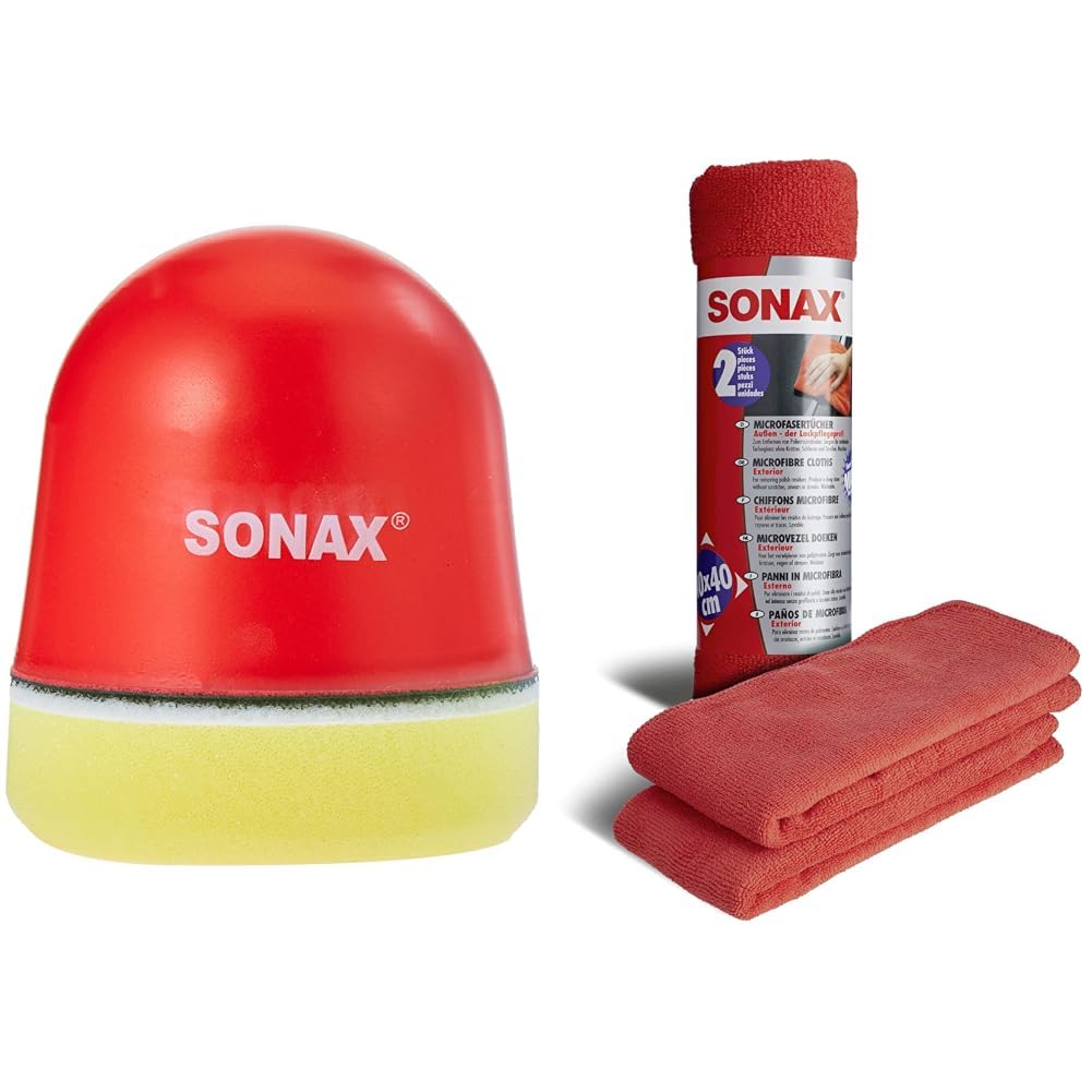 SONAX P-Ball (1 Stück) mühelos und schnell zum perfekten Polierergebnis & MicrofaserTücher Außen - der Lackpflegeprofi (2 Stück) hochwertig und flauschig, zum Entfernen von Polierrückständen von SONAX