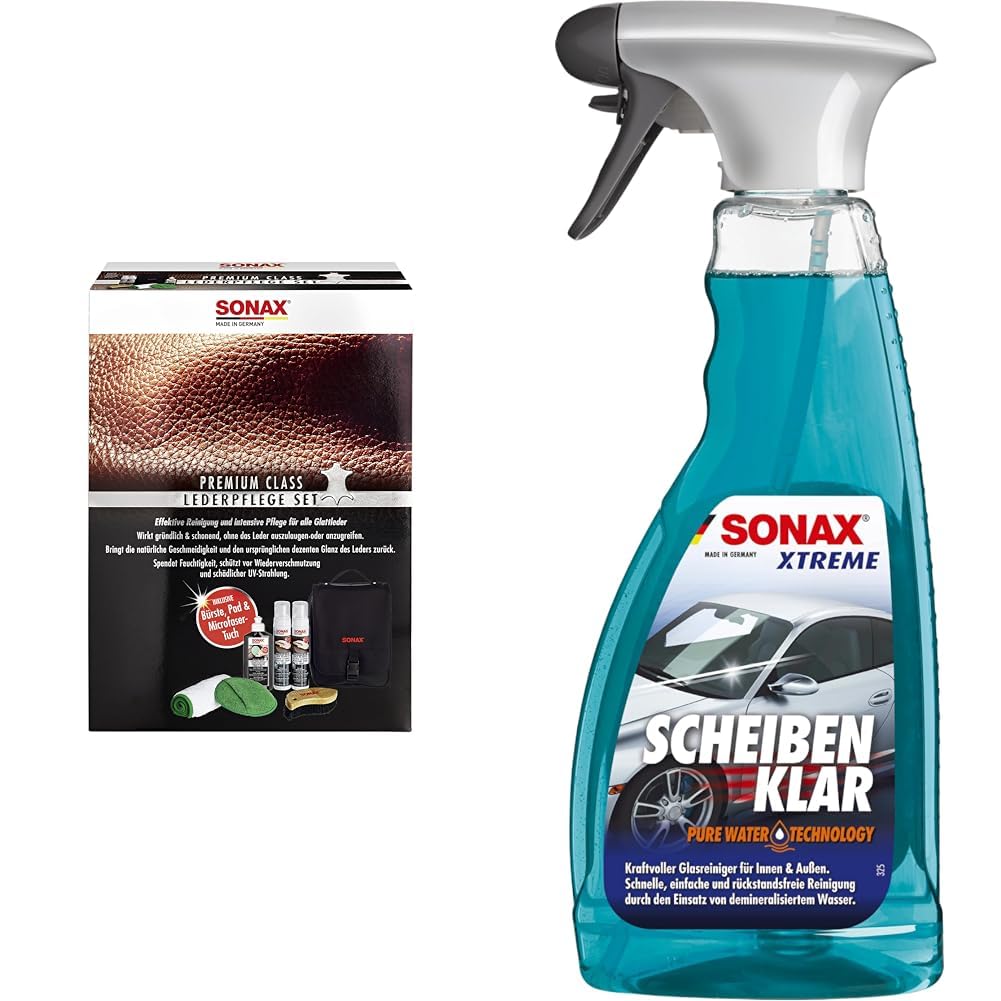 SONAX PREMIUM CLASS LederPflegeSet (3x 250 ml) & XTREME ScheibenKlar - Pure Water Technology (500 ml) von SONAX