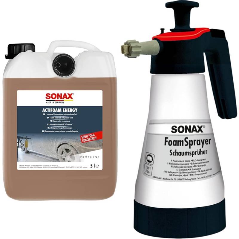 SONAX PROFILINE ActiFoam Energy (5 Liter) stark schmutzlösender Reiniger & FoamSprayer 1 Liter (1 Stück) Schaumsprüher von SONAX