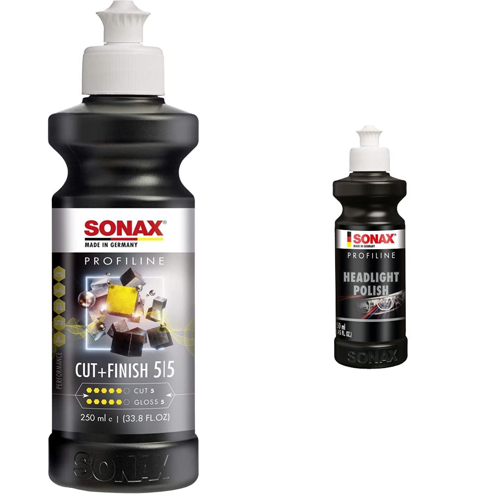 SONAX PROFILINE Cut+Finish (250 ml) | 02251410 & PROFILINE HeadlightPolish (250 ml) spezielle Schleifpaste zur Auffrischung von vergilbten und vermatteten Scheinwerfern aus Kunststoff | 02761410 von SONAX