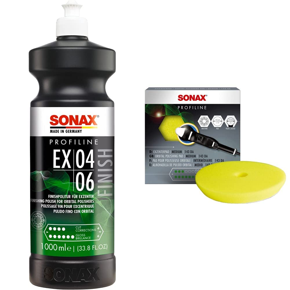 SONAX PROFILINE EX 04-06 (1 Liter) & ExzenterPad medium 143 DA (1 Stück) weicher, offenporiger Schwamm zum maschinellen Polieren von Lacken mit Exzentermaschinen | Art-Nr. 04933410 von SONAX
