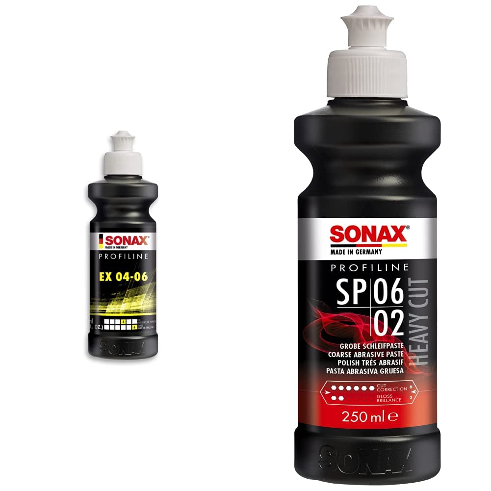 SONAX PROFILINE EX 04-06 (250 ml) bringt Kratzerentfernung, beeindruckenden Tiefenglanz und nie dagewesene Farbauffrischung & PROFILINE SP 06-02 (250 ml) silikonfreie Schleifpaste zum Abschleifen von SONAX