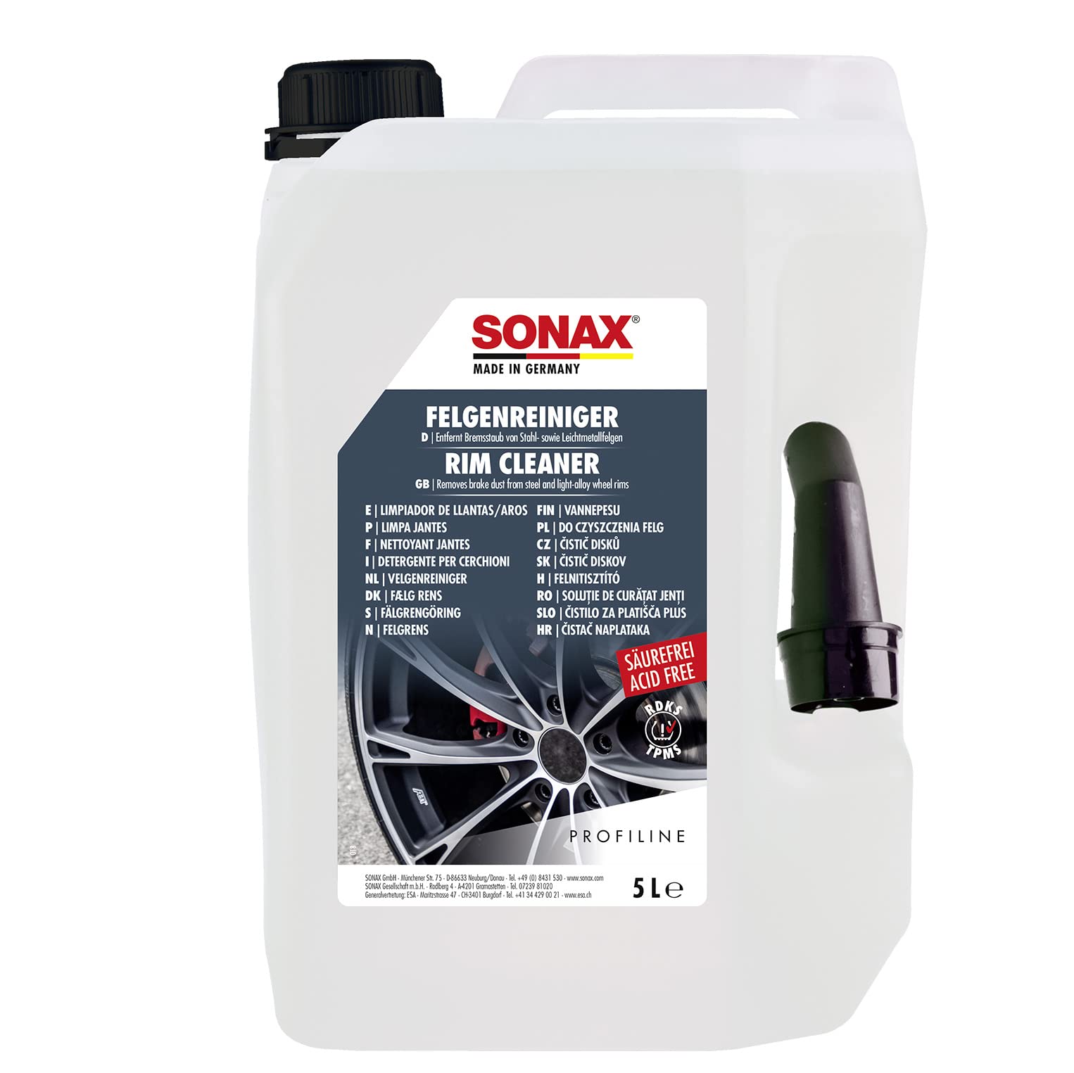 SONAX PROFILINE FelgenReiniger säurefrei (5 Liter) entfernt Bremsstaub von Stahl- sowie Leichtmetallfelgen | Art-Nr. 02305000 von SONAX